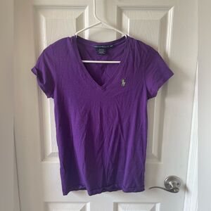 Purple Ralph Lauren polo shirt with lime green. V neck. Short sleeve t-shirt.
